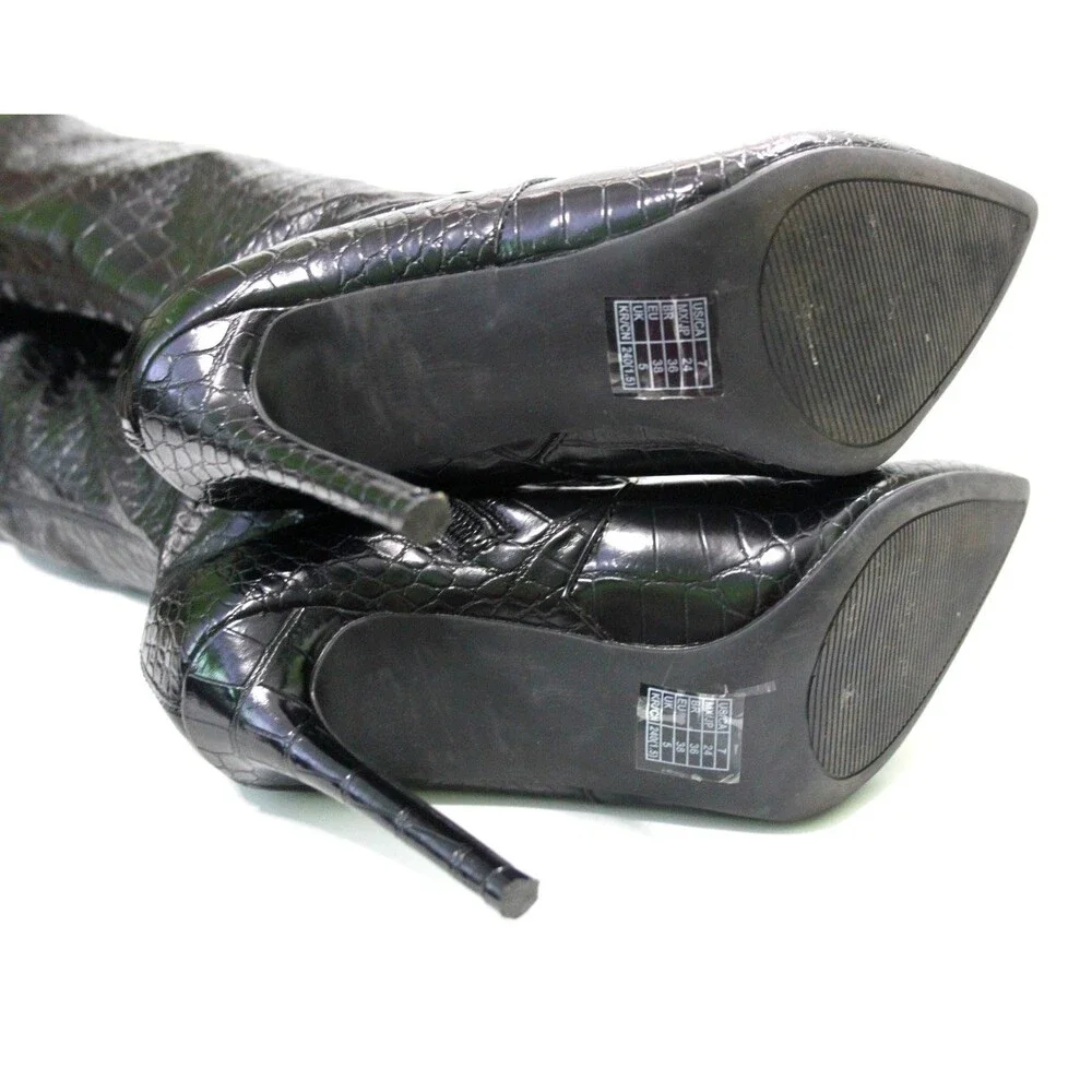 Black Thigh High Alligator Print Stiletto Heel Boots Women's Over the Knee Sz 7